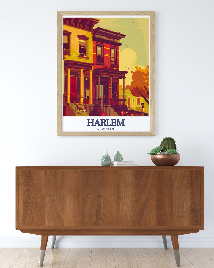 This Harlem poster print features the iconic brownstones and East Harlems vibrant energy. A stunning travel print perfect for lovers of New York City, capturing the beauty and history of Harlems architecture. Ideal for home or office decor.