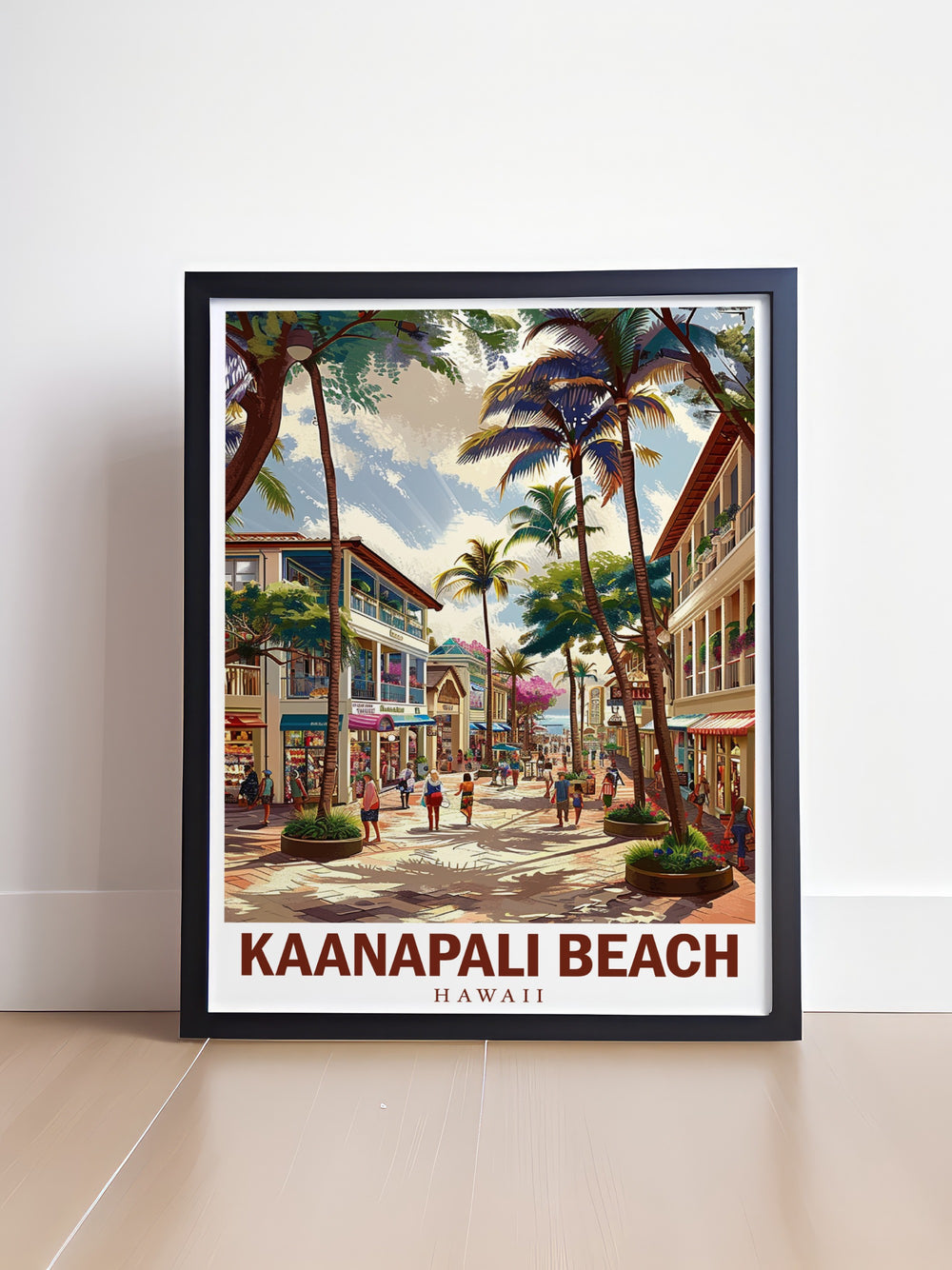 Hawaii travel print showcasing the iconic Kaanapali Beach alongside the bustling Whalers Village. This canvas art brings to life the beauty of Mauis coastline, offering a perfect gift for beach enthusiasts or those seeking to add a touch of tropical paradise to their living space.