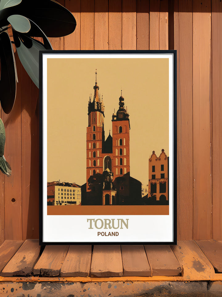 A captivating print of Torun, Poland, featuring the historic St. Marys Church. The artwork reflects the citys rich history and the churchs architectural brilliance, making it a perfect piece for home decor or as a thoughtful gift for lovers of history and European landmarks.