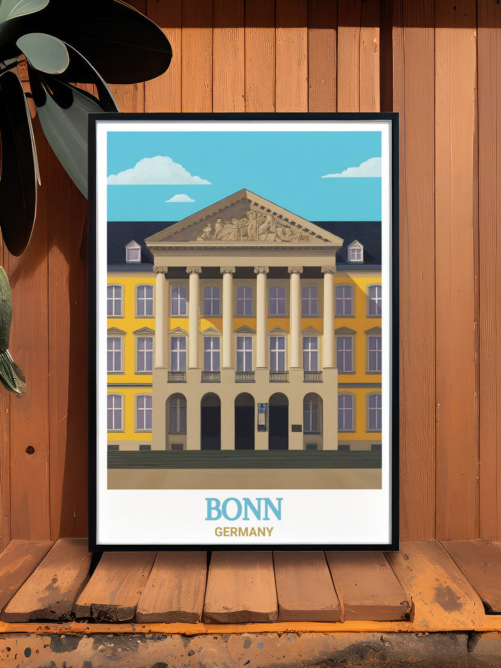 This University of Bonn travel poster beautifully captures the universitys architecture, set against the scenic backdrop of Bonn. A perfect piece of wall art for those who love German culture and history, this canvas art brings a touch of elegance to any room.