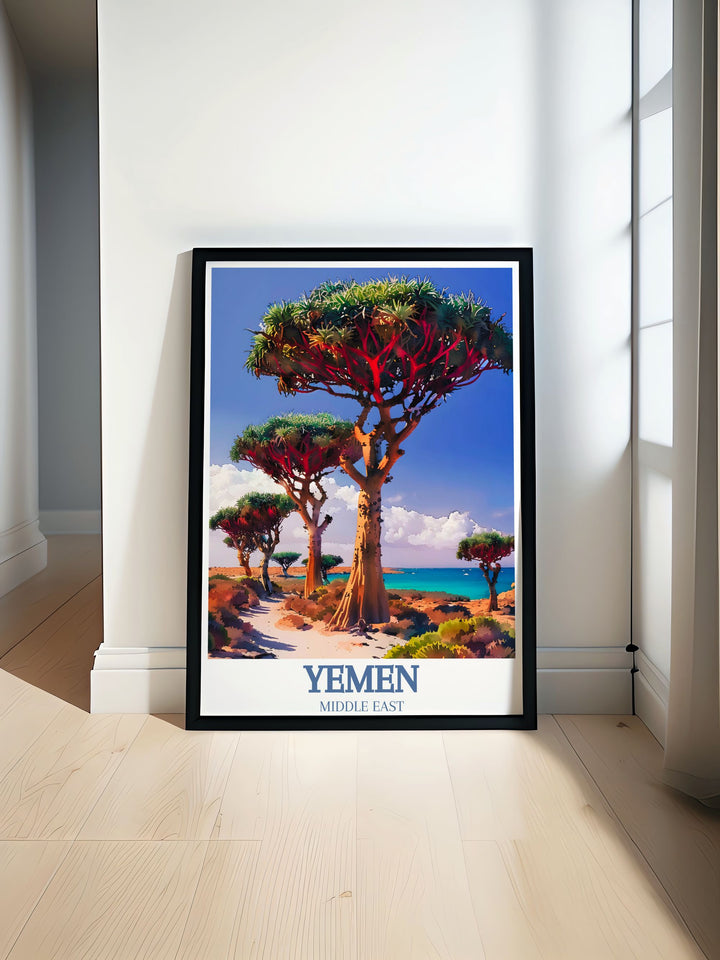 Discover the beauty of Socotra island with this Yemen Poster featuring the iconic Dragons Blood Trees and Detwah Lagoon perfect for elegant home decor and travel enthusiasts