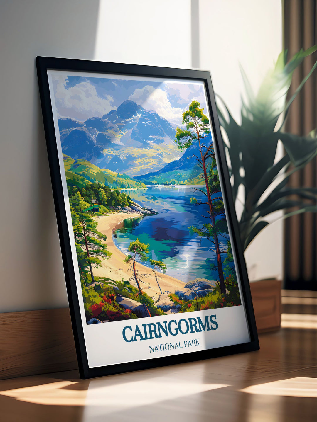 Highlighting the serene vistas of Cairngorms National Park and the bustling activity on Cairngorm Mountain, this travel poster is perfect for those who appreciate the scenic and historical richness of Scotland.