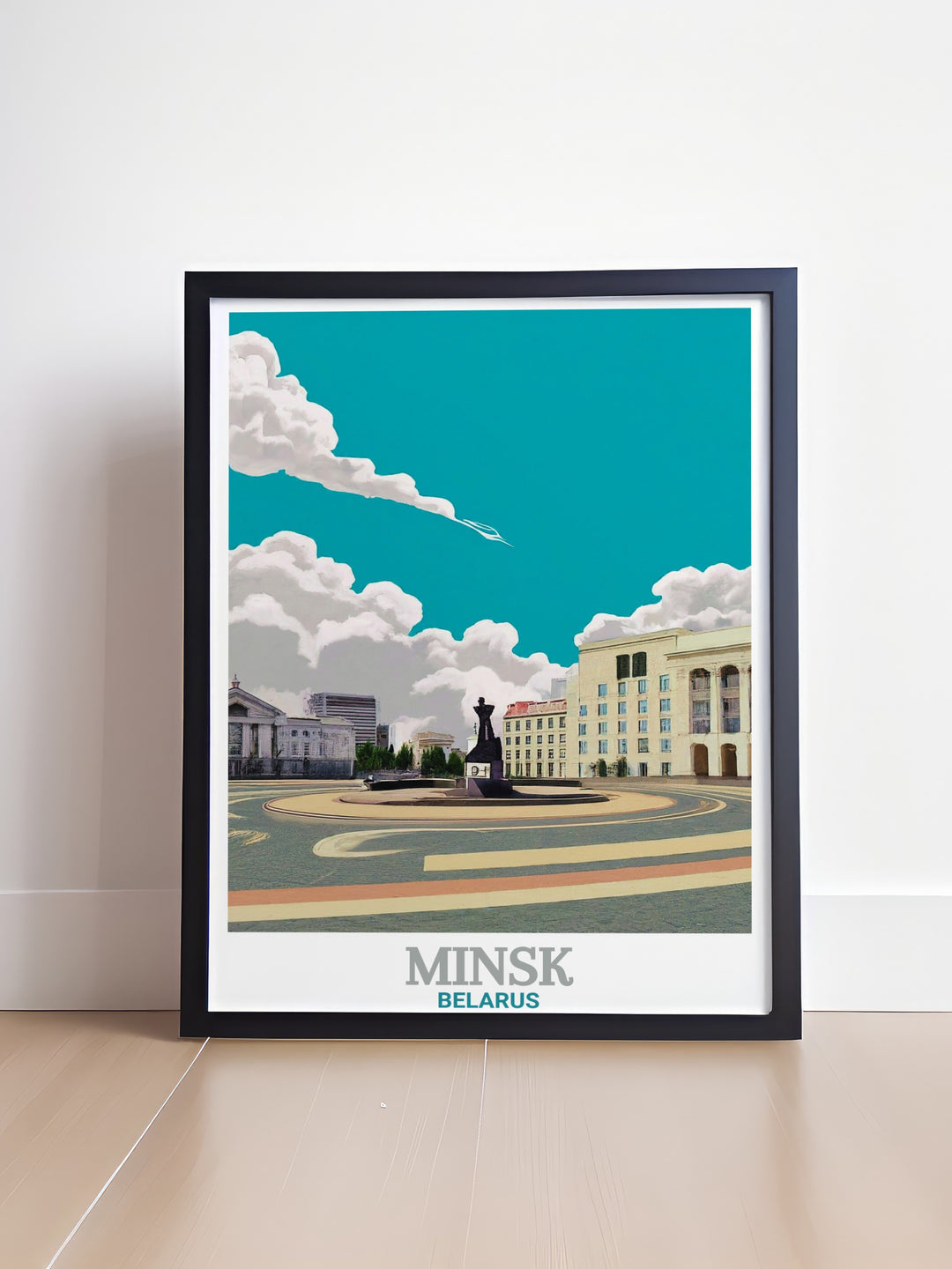 Capture the beauty of Minsk with this travel print, showcasing Independence Square and the cityscape in a clean, minimalist design. This Belarus wall art is ideal for home or office décor, offering a stylish representation of one of the most iconic landmarks in Belarus.