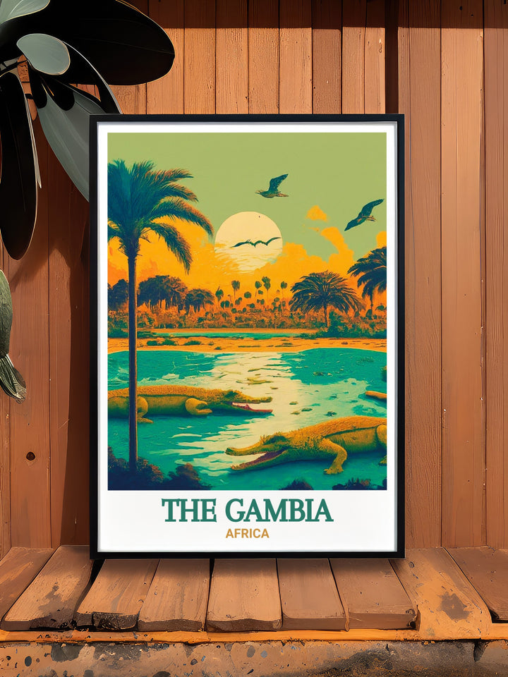 Kachikally Crocodile Pool poster from The Gambia. This travel print offers a captivating view of the sacred crocodile pool, known for its resident Nile crocodiles and healing properties. The vibrant colors and detailed illustration make it a standout piece for any art collection.