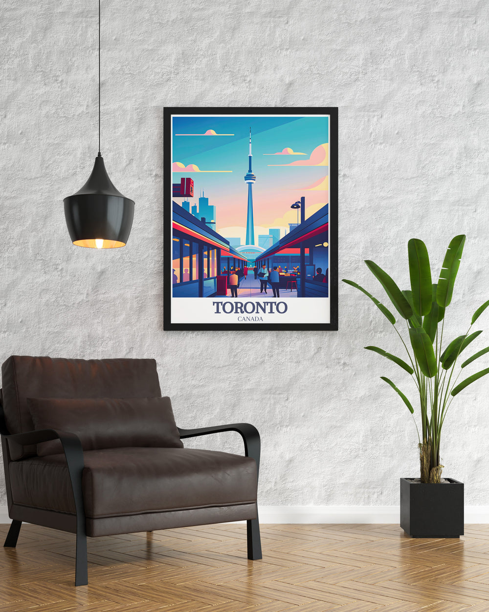 Torontos CN Tower and St. Lawrence Market are beautifully portrayed in this travel print, offering a striking visual of Canadas largest city. The framed art is perfect for those who admire urban landscapes and the blend of modern and historic architecture.