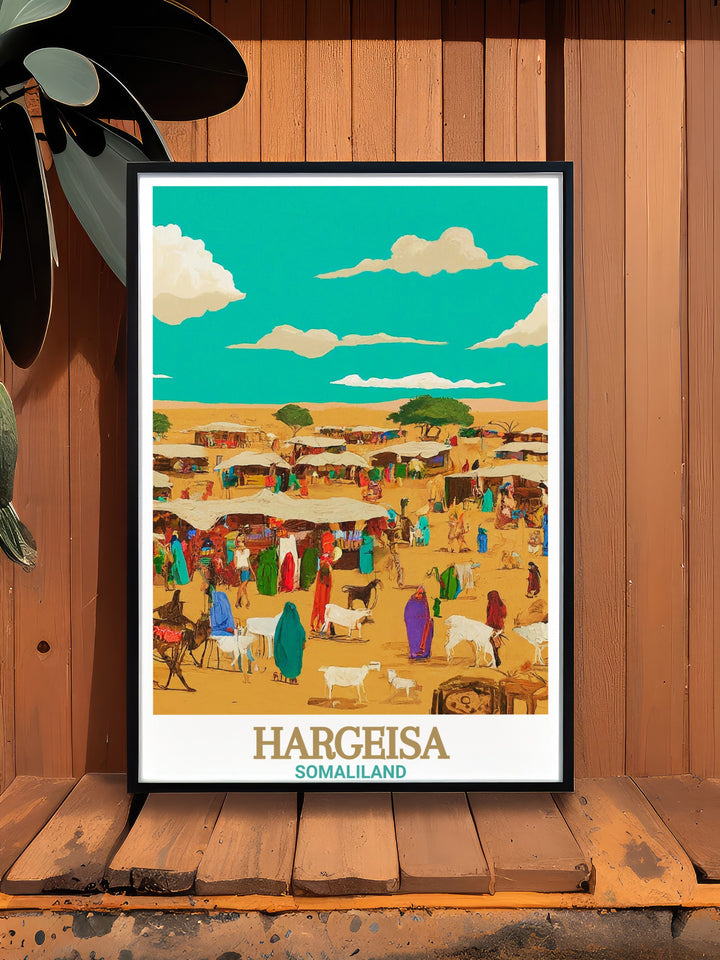 Our Livestock Market travel print offers a beautiful representation of Hargeisas bustling market, blending traditional Somali culture with a modern color palette. This canvas art brings a slice of Somaliland into your home, perfect for lovers of African art.