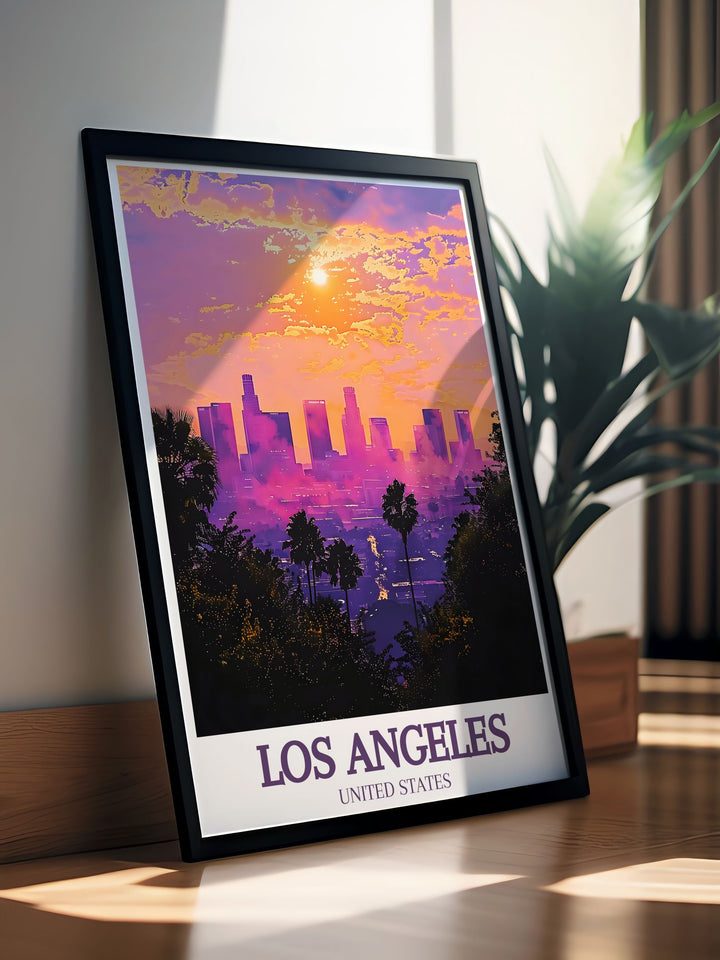 Los Angeles travel print featuring the breathtaking Downtown skyline an excellent addition to any home decor capturing the essence of the citys vibrant culture and modern architectural elegance perfect for any room