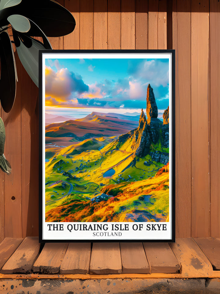 Modern art print of The Quiraing Skye featuring The Needle and scenic views of Trotternish Ridge bringing the stunning landscapes of Scotland into your home decor with vibrant colors and striking details perfect for contemporary spaces.