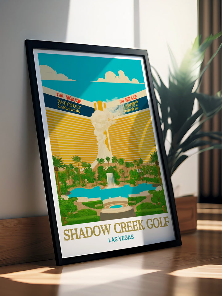 Travel Print of Shadow Creek Golf Course and The Mirage Hotel, offering a beautiful depiction of the courses lush landscape and the hotels iconic design. The high quality print captures the vibrant colors and intricate details of both landmarks, making it an excellent addition to any collection of golf art or Las Vegas memorabilia.