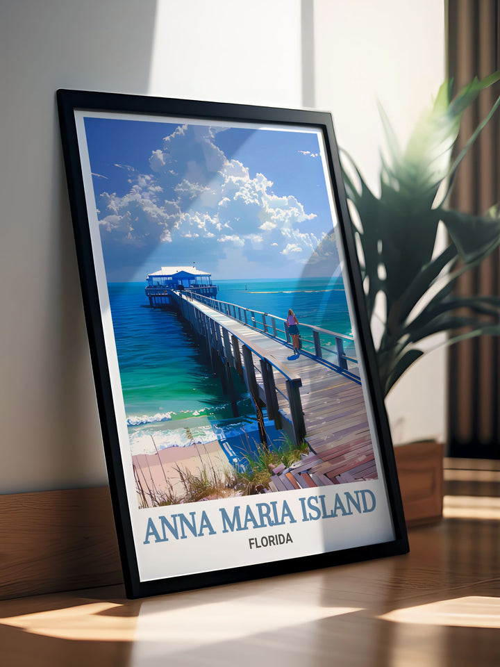 Add the elegance of Florida artwork to your living room with this stunning Anna Maria City Pier print. The perfect Florida wall decor to bring a coastal feel and modern aesthetic to your space capturing the essence of the islands charm and tranquility.