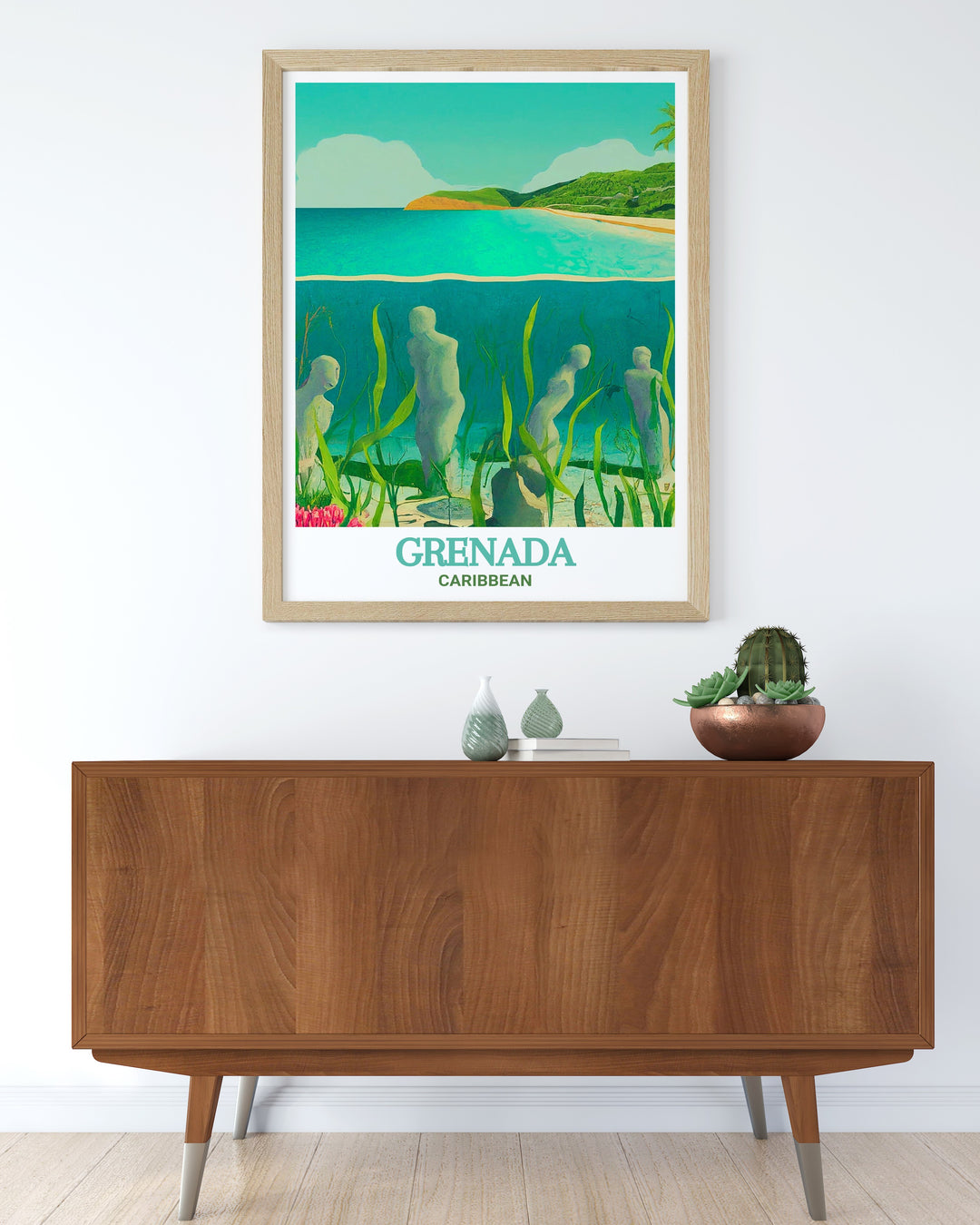 Scenic poster of Grenadas Underwater Sculpture Park, featuring detailed illustrations and vibrant colors. Perfect for enhancing your living space with the natural beauty of Grenada. An ideal gift for art and nature enthusiasts.