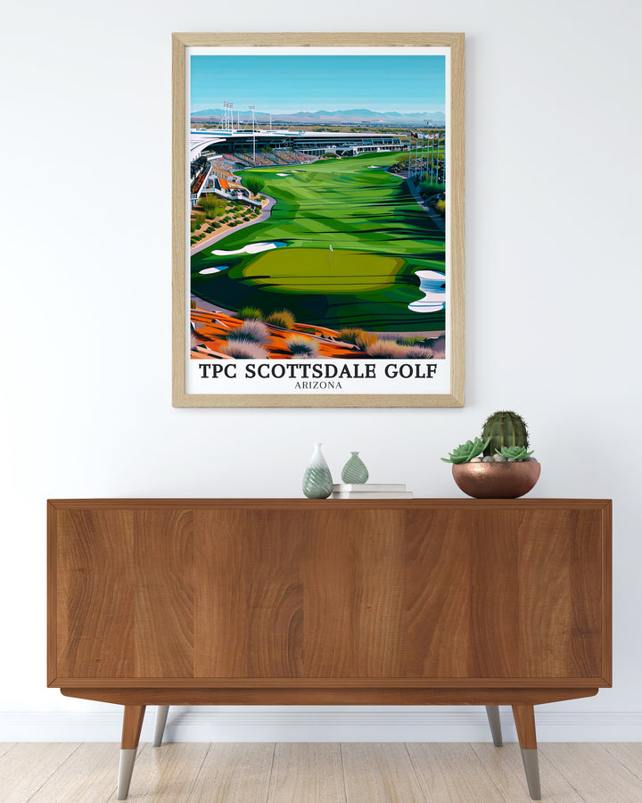 TPC Scottsdale vintage poster featuring the Stadium Course and the surrounding Sonoran Desert. This piece celebrates Arizonas rich golf culture and unique desert environment, making it a great addition to any home or office.