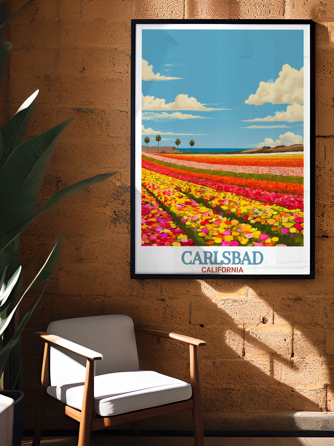 This Carlsbad decor poster blends the beauty of The Flower Fields at Carlsbad Ranch with the citys modern skyline. Perfect for adding a pop of color to your home, this travel print captures the essence of one of Californias most picturesque locations.