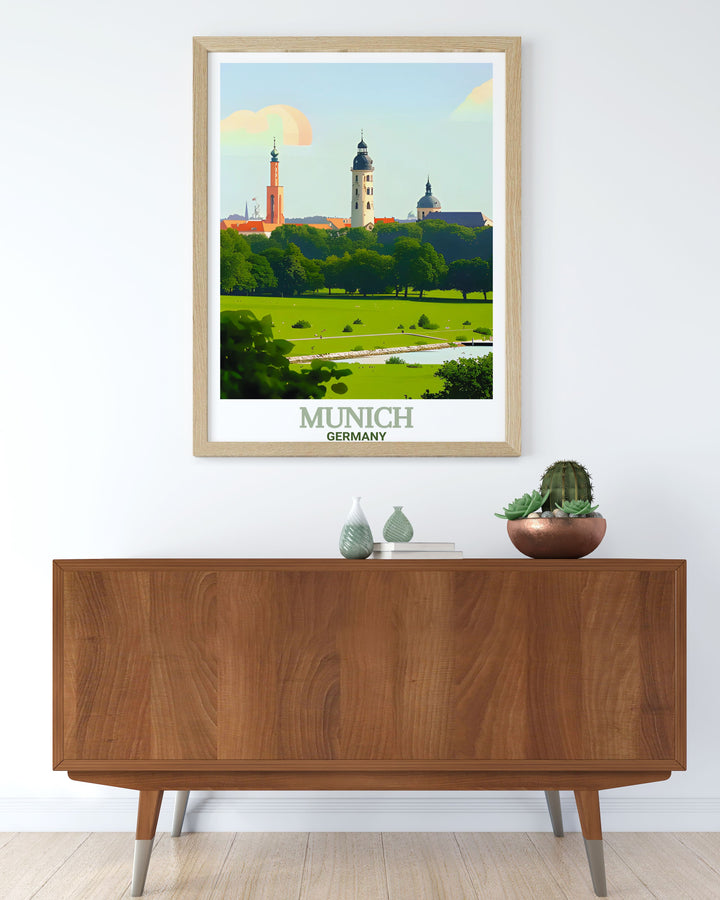 This Munich Art Print offers a timeless view of the English Garden, a serene escape in the heart of Germanys bustling city. Ideal for lovers of art, travel, and European history, this print is the perfect addition to your wall décor.