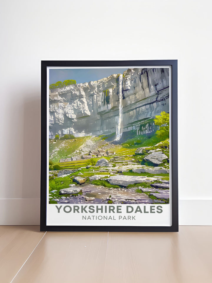 Featuring the iconic Malhom Cov posterViaduct this print highlights the tranquil beauty of the Yorkshire Dales ideal for home decor and gifts for nature enthusiasts.