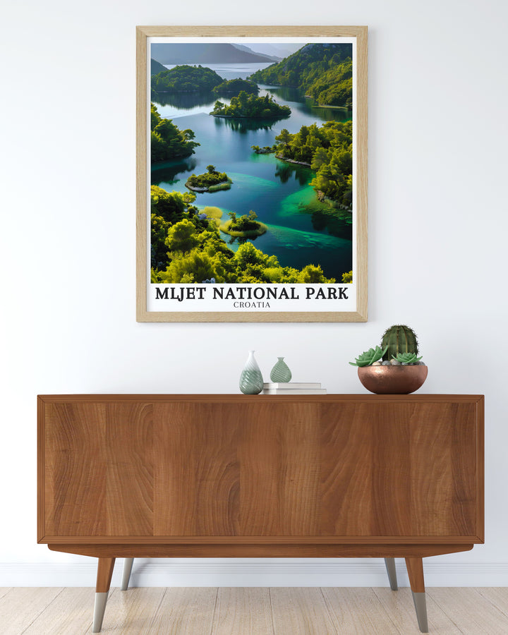 Croatia Wall Art showcases the captivating beauty of Mljet National Parks Veliko and Malo Jezero lakes. The artworks calming colors and intricate details create a serene atmosphere in any room. Perfect for nature lovers, this print is a beautiful way to celebrate Croatias natural wonders.