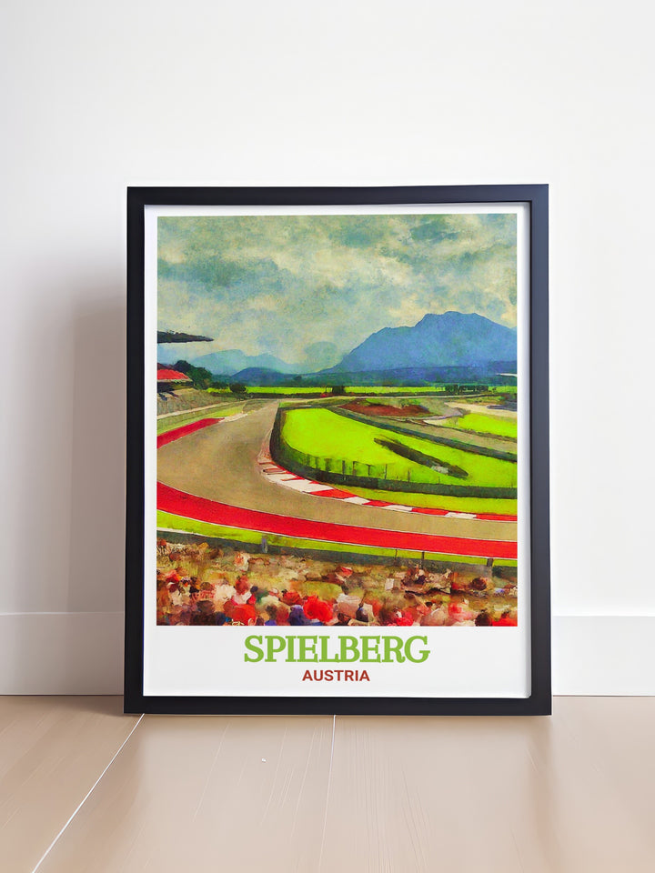 Detailed framed art of the Red Bull Ring in Spielberg, Austria, capturing the excitement of Formula 1 racing in a unique and artistic manner. This wall art is perfect for adding a touch of Austrian motorsport history to your home or office.