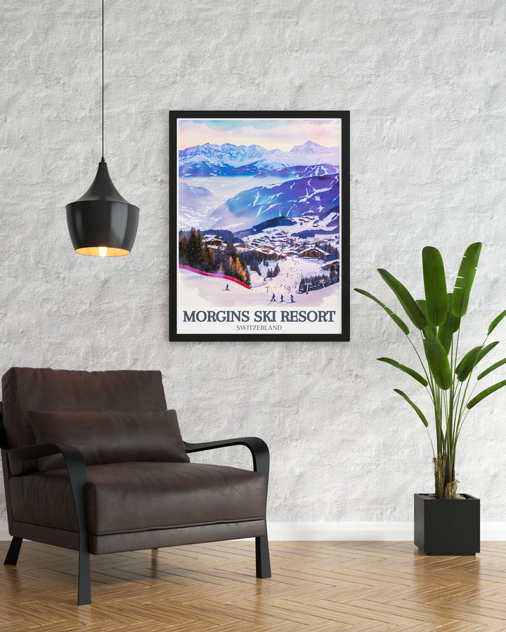 This Morgins Ski Resort Poster Print captures the stunning beauty of the Swiss Alps, featuring the iconic Dents du Midi mountains and the charming Morgins Village. Perfect for ski enthusiasts and lovers of alpine landscapes, this artwork brings the winter charm of Switzerland into your home.