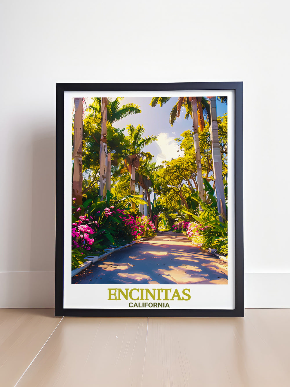 Encinitas vintage poster showcases the sun soaked coastline of California, featuring the iconic beach town and the San Diego Botanic Garden. This canvas print is an ideal piece of home decor for those who love the outdoors and coastal living.