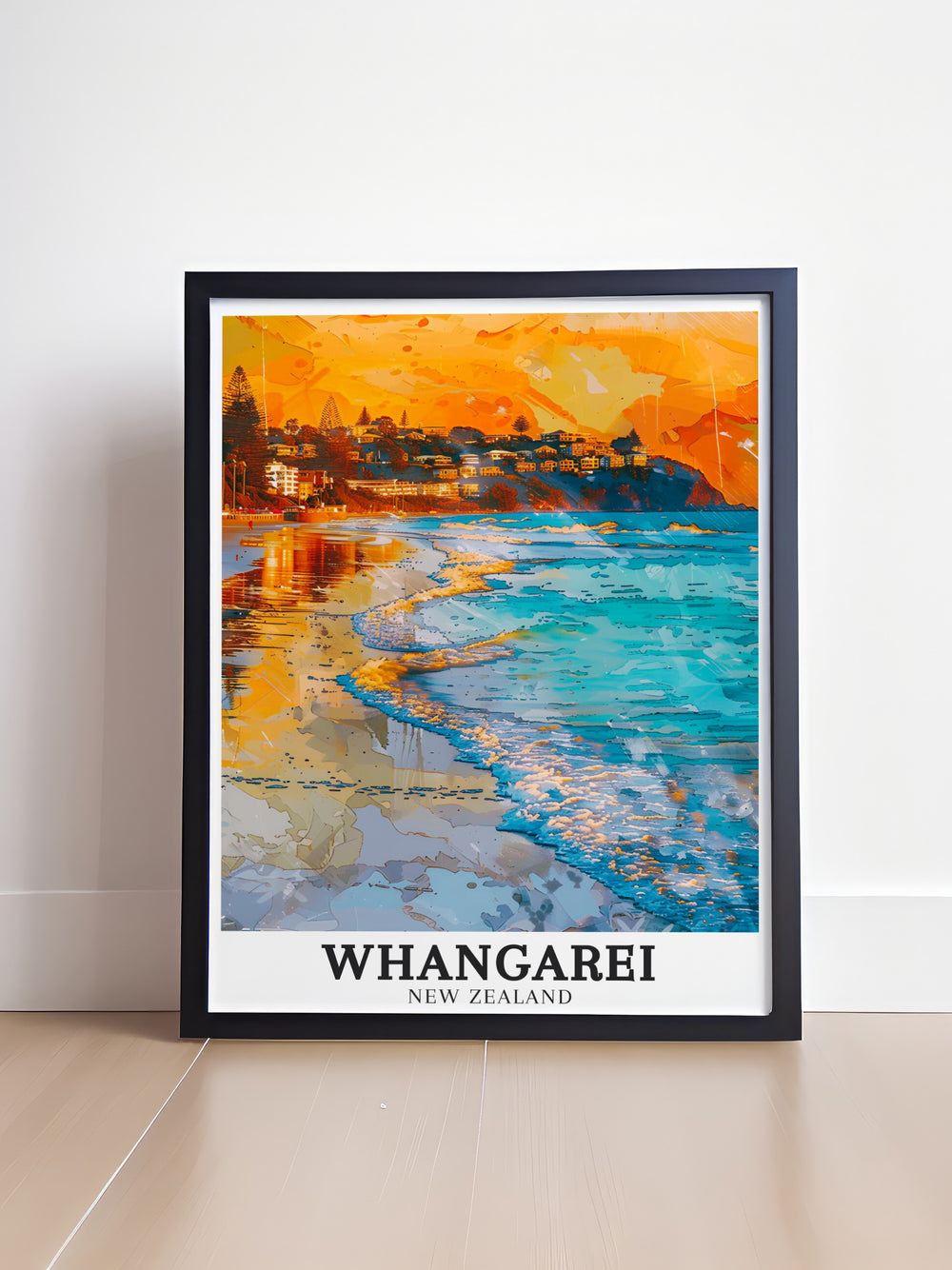 Whangarei Poster featuring the vibrant and detailed landscapes of Whangarei, New Zealand. This wall art highlights the dramatic Whangarei Falls and the peaceful Hatea River, making it an excellent piece for adding a touch of New Zealands natural beauty to your home decor.