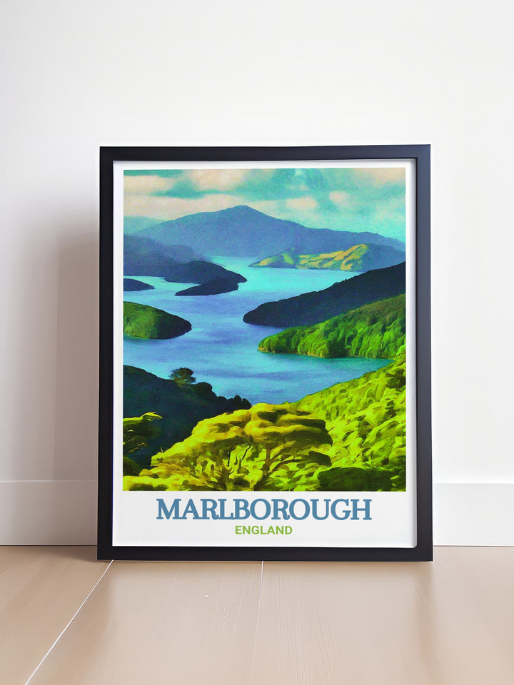 Decorative art print of Marlborough Sounds in New Zealand, capturing the essence of this iconic destination. Ideal for enhancing your home with natural beauty. The vibrant imagery provides a glimpse into the serene landscapes of Marlborough.