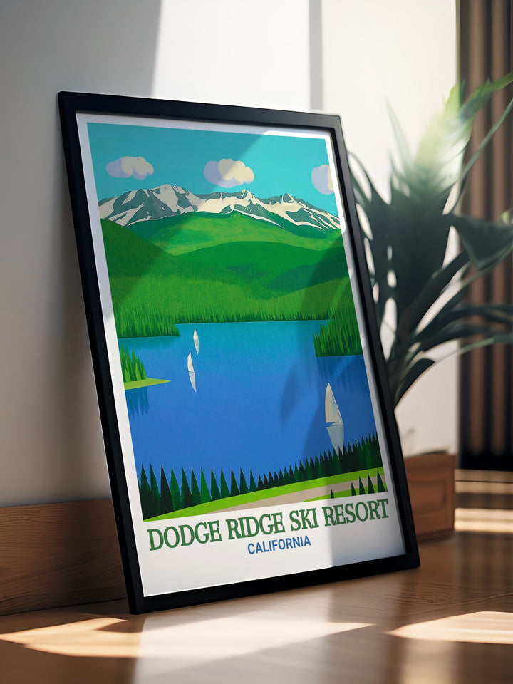 Retro ski poster featuring Dodge Ridge Ski Resort and Pinecrest Lake, highlighting the charm of vintage ski culture with bold colors and detailed illustrations. This artwork captures the essence of a perfect winter getaway, making it a captivating piece for any room.