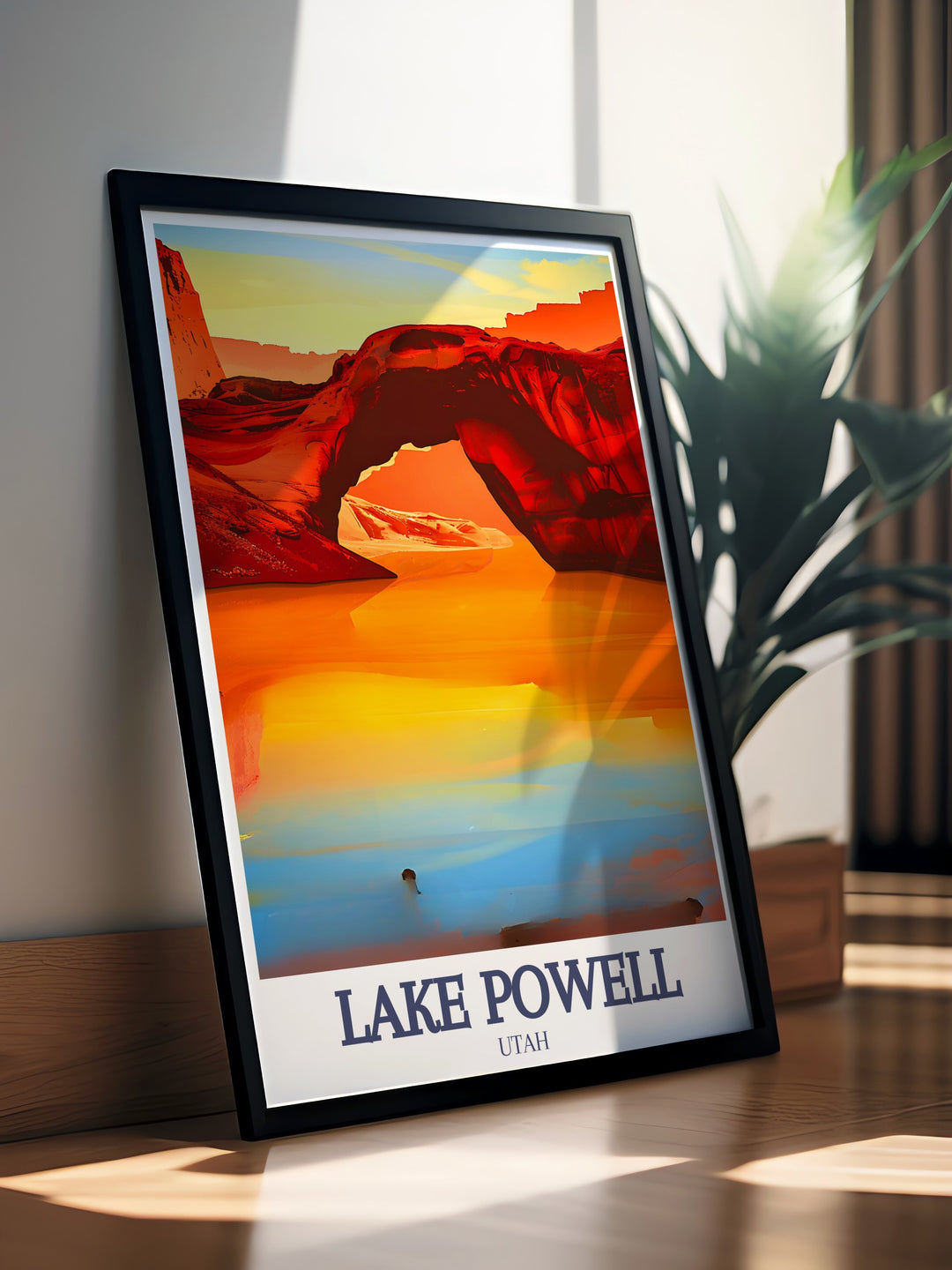 This Lake Powell poster print showcases the famous Rainbow Bridge and the scenic Glen Canyon, making it a must have for travelers and nature enthusiasts. The detailed artwork adds a touch of the Southwest to your living space, bringing the adventure home.