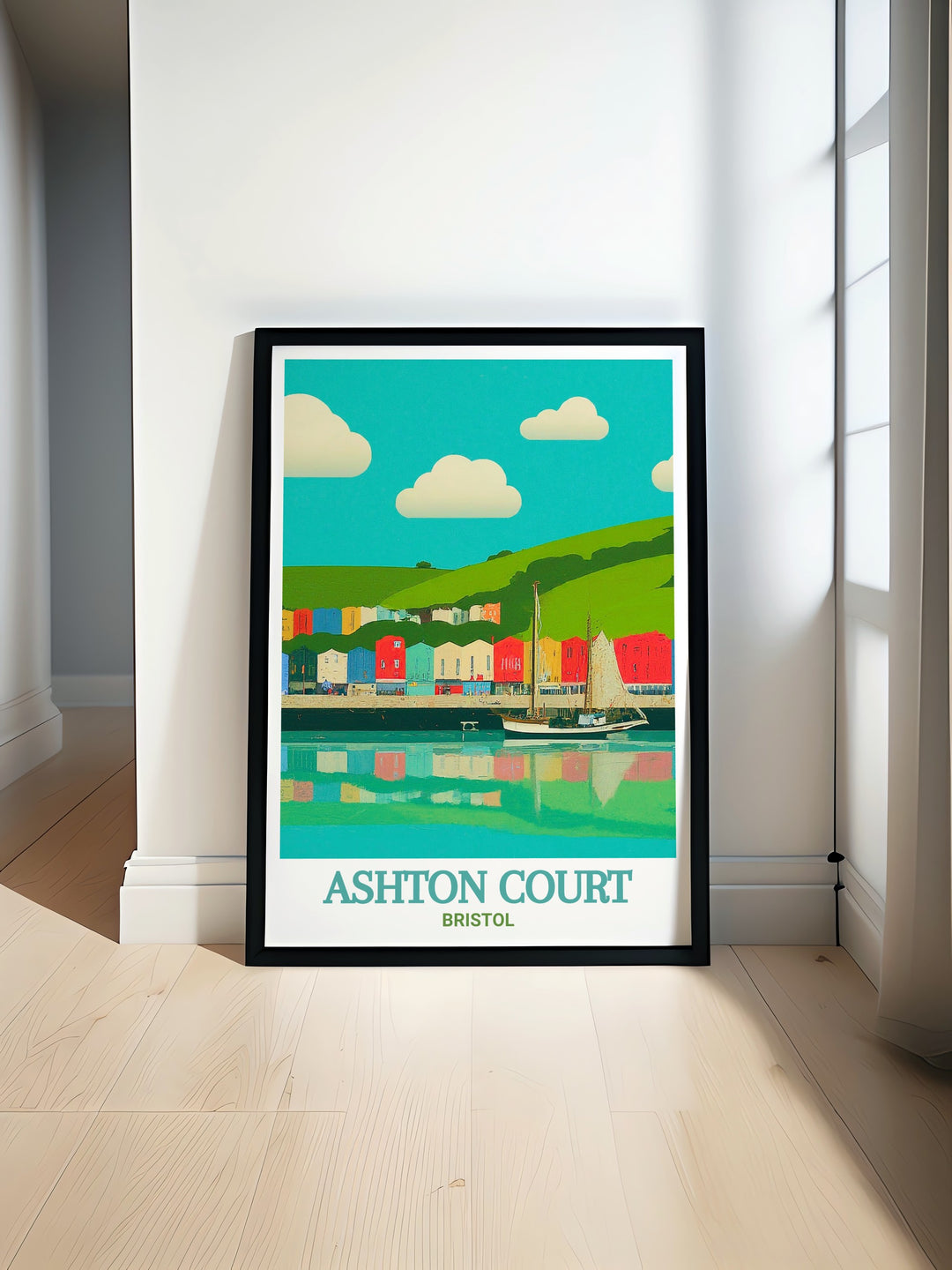 Ashton Court Mountain Biking Travel Poster featuring vivid artwork of the iconic trails in Bristol and complemented by the serene beauty of Bristol Harbour. Perfect for cycling enthusiasts and art lovers looking to enhance their home decor with adventure and elegance.