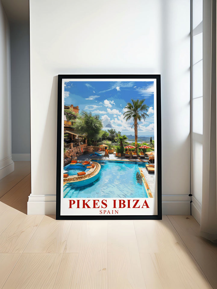 Pikes Ibiza Poster offers a glimpse into the vibrant nightlife of Ibiza perfect for Pool Area Modern Prints this stunning artwork brings the iconic Pikes Hotel and its legendary atmosphere into your living space