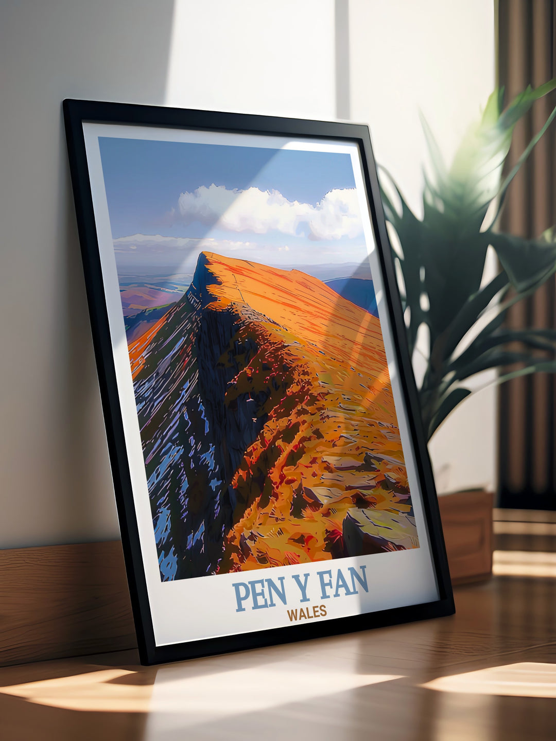 Pen y Fan Poster Print showcasing the iconic peak of Pen y Fan and the stunning scenery of Brecon Beacons National Park. This travel print brings the majesty of Wales highest summit into your home, perfect for outdoor enthusiasts and nature lovers.