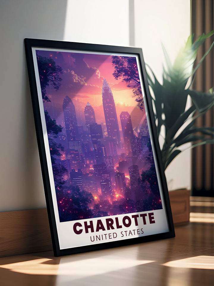 Bring the heart of Charlotte into your home with this fine line wall art depicting the citys most recognizable landmarks, including the Bank of America Corporate Center. This travel poster beautifully captures the essence of the citys architecture and offers a sophisticated way to show your love for the Queen City. Ideal for art lovers and travelers alike.