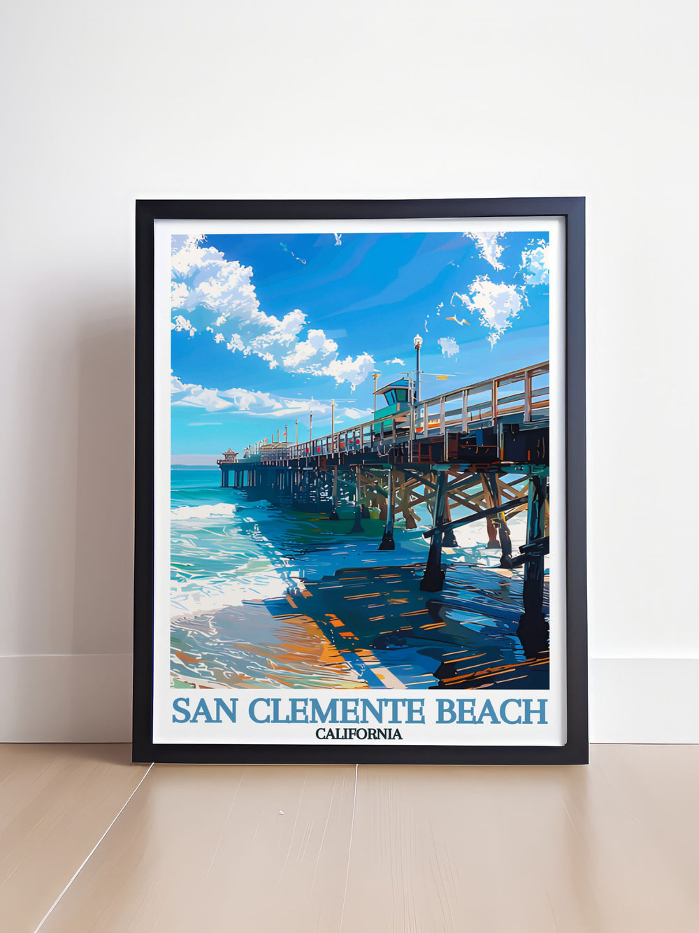 The San Clemente Beach Wall Art showcases the pristine sands and towering pier of this iconic Southern California beach. Whether youre decorating a beach house or want to evoke the feeling of ocean waves in your home, this print brings the coast to life.