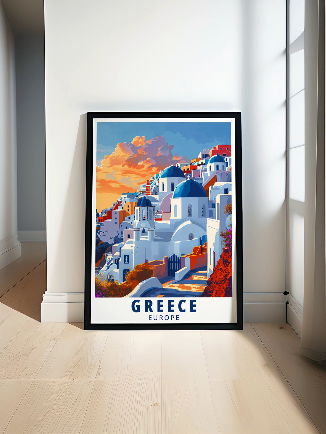 Greeces ancient history and stunning landscapes come alive in this art print of the Acropolis and Santorini. Whether youre drawn to the ruins of Athens or the sun kissed shores of Santorini, this print will transport you to Greece every time you see it.