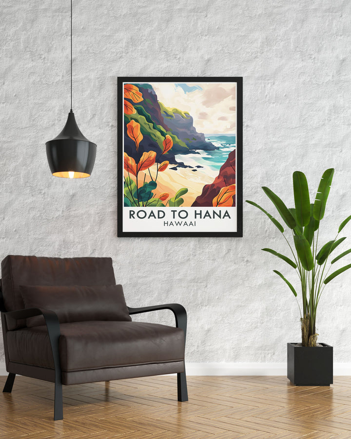 Stunning Wainapanapa State Park modern decor showcasing the parks unique landscapes. These artworks are perfect for creating a focal point in any room, offering a beautiful representation of Hawaiis natural beauty.