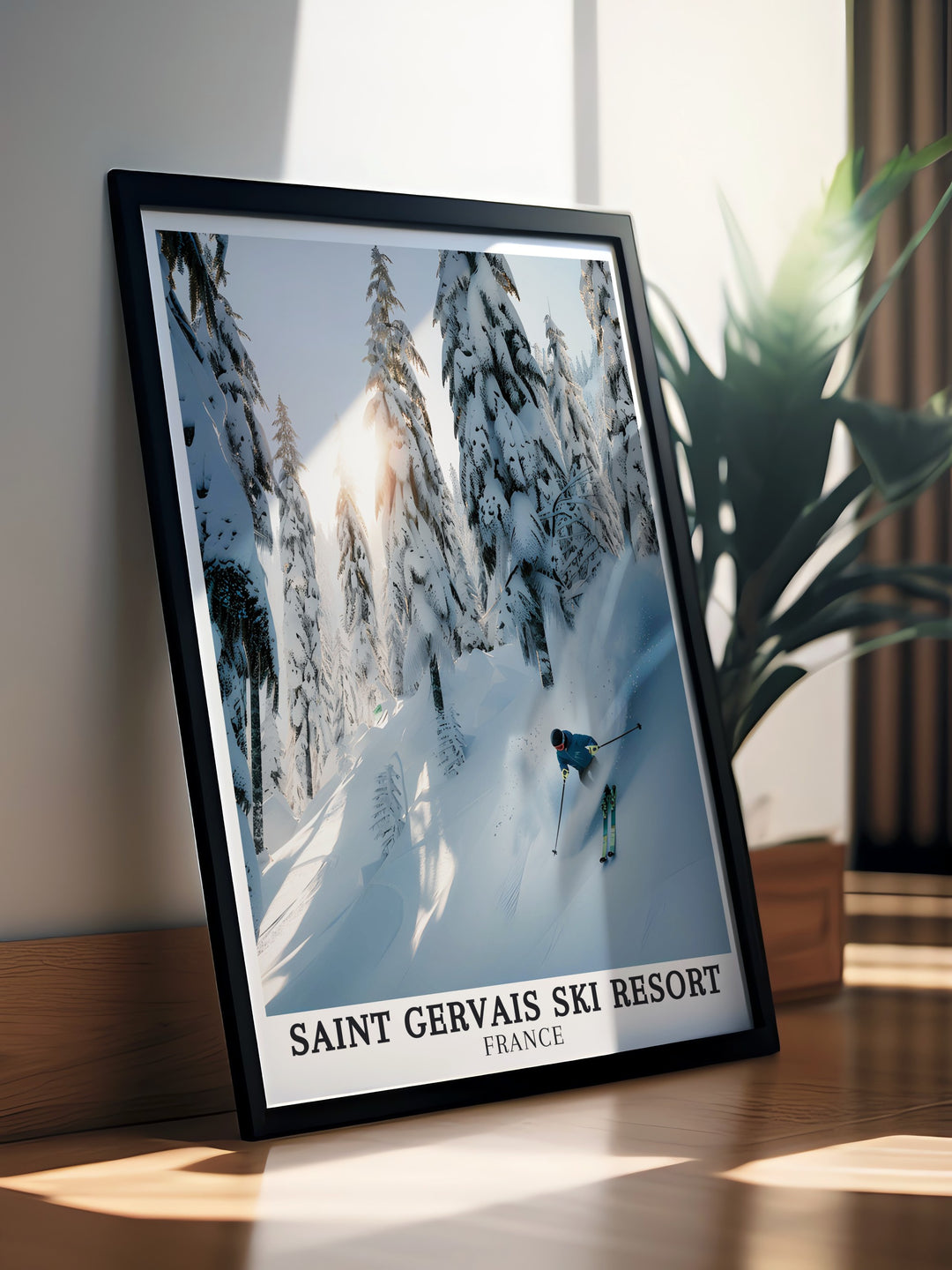 A beautifully detailed art print showcasing the serene Saint Gervais ski resort with the majestic Mont Blanc in the distance. Perfect for those who love alpine landscapes, this piece brings the tranquility and adventure of the French Alps into your home.