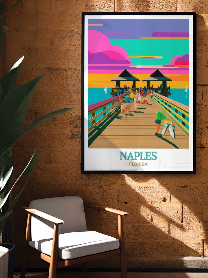 Florida Coast Travel Poster celebrates the diverse and beautiful landscapes of Floridas Gulf Coast, from the lively Naples Pier to the serene shores that stretch beyond. This print is perfect for anyone who loves the beach and coastal life.