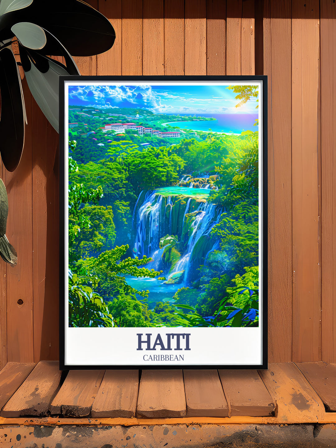 Celebrate Haitis stunning landscapes with this framed art featuring Bassin Bleus serene waters and the golden beaches of Labadee. This vintage style poster is ideal for adding a touch of tropical charm to your decor while commemorating your travels to Haiti.