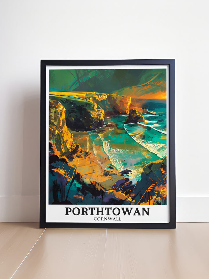 Vivid Porthtowan artwork capturing the calm of Porthtowan Beach and the dramatic scenery of the North Sea. The detailed artwork brings to life the coastal attractions of Cornwall, perfect for adding a touch of Englands natural beauty to any room