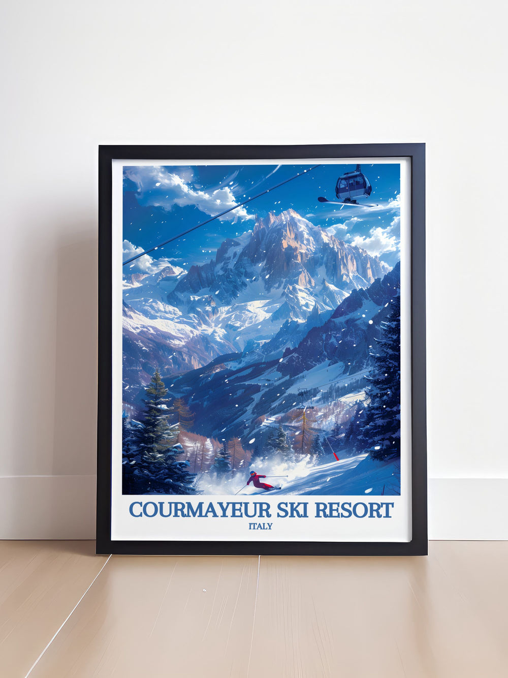 The majestic scenery of Courmayeur and the iconic beauty of Mont Blanc are featured in this vibrant travel poster, perfect for adding Italys unique charm and elegance to your home.