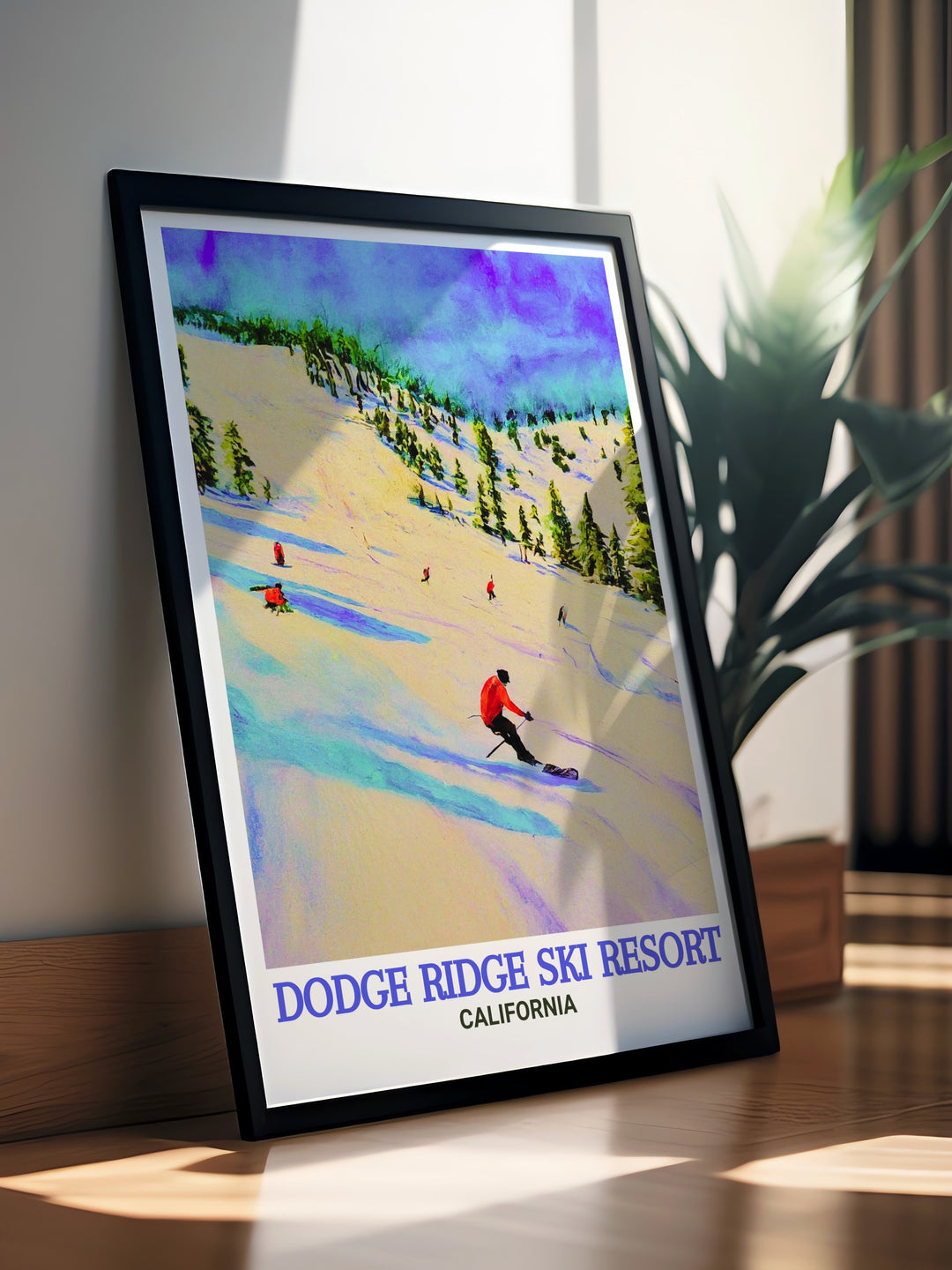 Vintage poster of Dodge Ridge Ski Resort showcasing a classic ski scene with vibrant colors and intricate details. This print evokes nostalgia and adventure, making it an ideal addition to any collection of retro ski art and home decor.