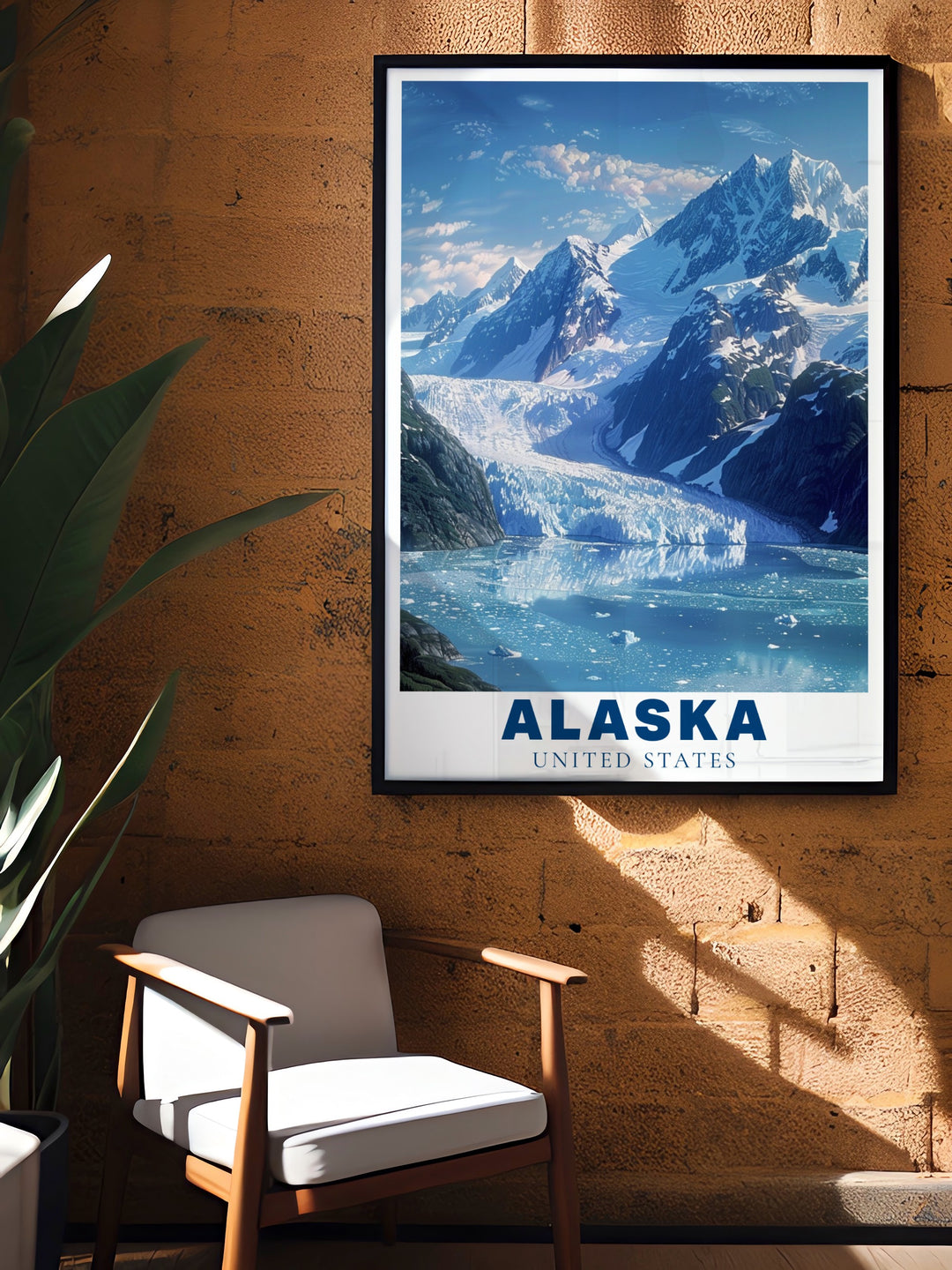 Our Alaska travel poster captures the essence of Glacier Bay National Park, showcasing its rugged glaciers and vast, icy landscapes. This wall art is perfect for those who have a passion for national parks, making it a wonderful gift or an eye catching piece for your home decor.