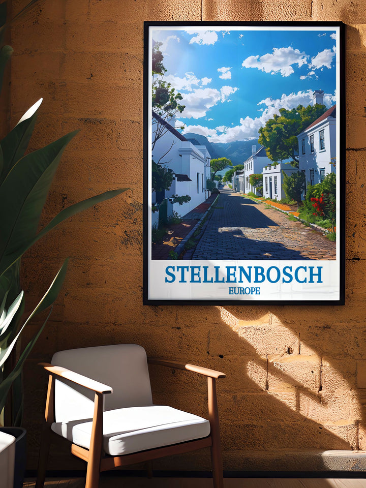 Immerse yourself in the cultural wonders of Stellenbosch with this travel poster, highlighting the picturesque Dorp Street and its unique architectural styles.