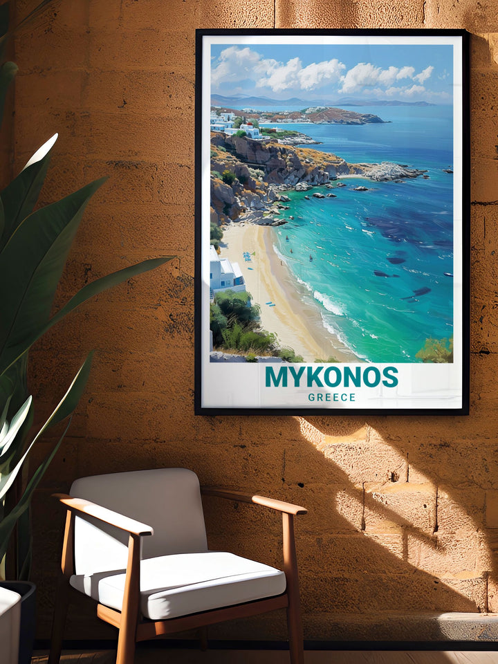 Enjoy the vibrant charm of Mykonos with our Greece poster prints featuring Elia Beach and perfect for personalized gifts and stylish home decor