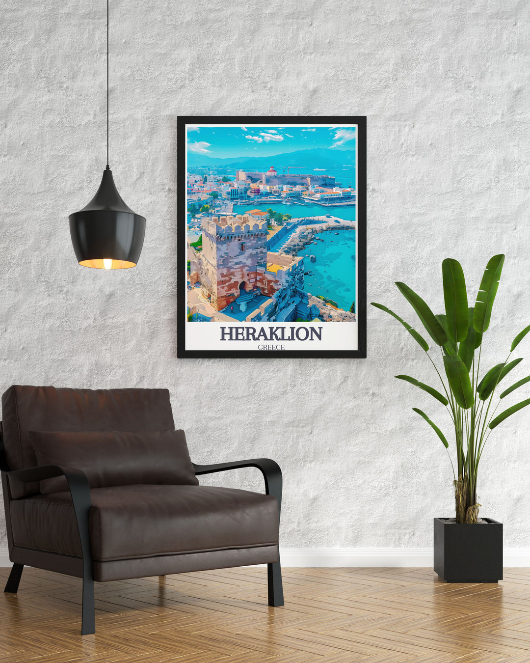 Vintage poster of Heraklion, featuring the iconic Venetian Fortress of Koules, Crete, Greece. This piece captures the timeless beauty and historical significance of the fortress, evoking the charm of Greek cultural heritage and military architecture.