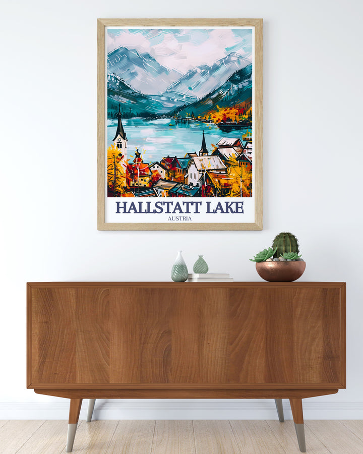 Our Hallstatt Alps travel print captures the essence of Austrias alpine beauty. Featuring the serene Hallstatt Lake and the towering Dachstein mountains, along with the historic Hallstatt Lutheran Church, this artwork adds an elegant touch to any space.