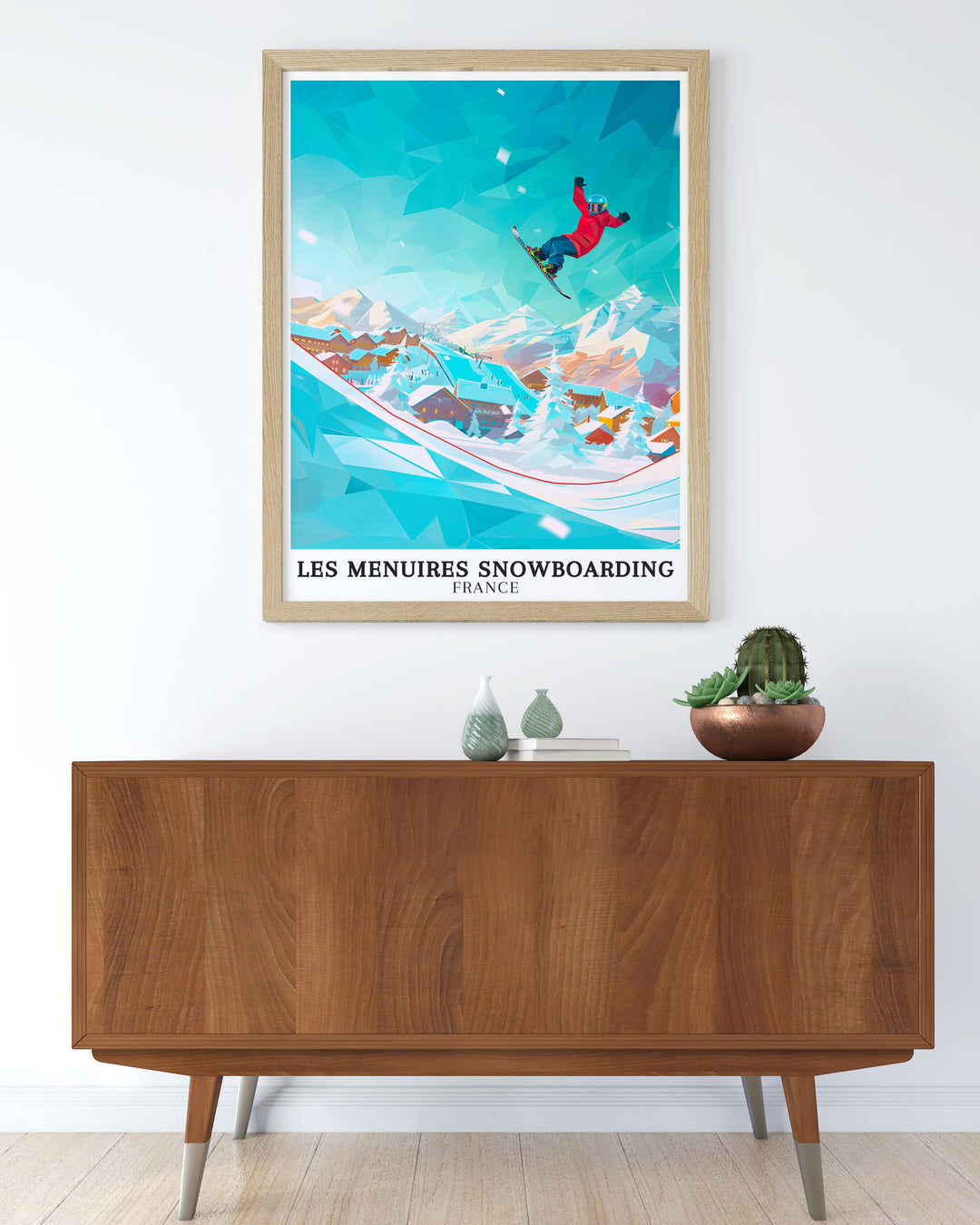 Les Menuires BK Park Print featuring vibrant snowboarding scenes from the French Alps a perfect gift for snowboarders or skiers looking to decorate their home with modern winter sports art