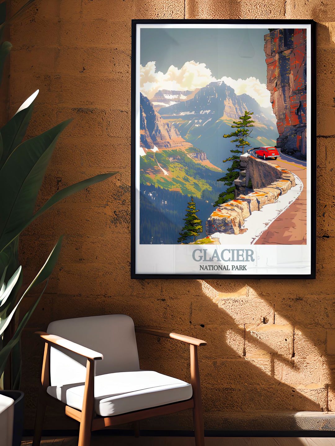 Framed art illustrating the natural splendor of Glacier National Park, with its towering peaks, serene lakes, and abundant wildlife, reflecting the majestic landscapes of Montana.