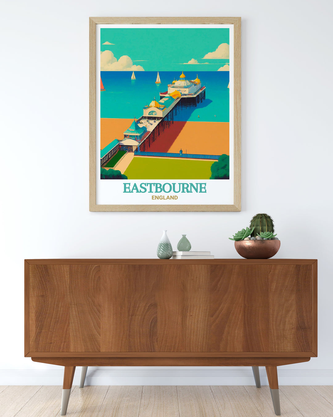 England travel poster highlighting the picturesque scenery of Eastbourne Pier along the South Downs Way. This print beautifully captures the piers intricate design and the natural beauty of the English coast, making it a perfect addition to any decor.