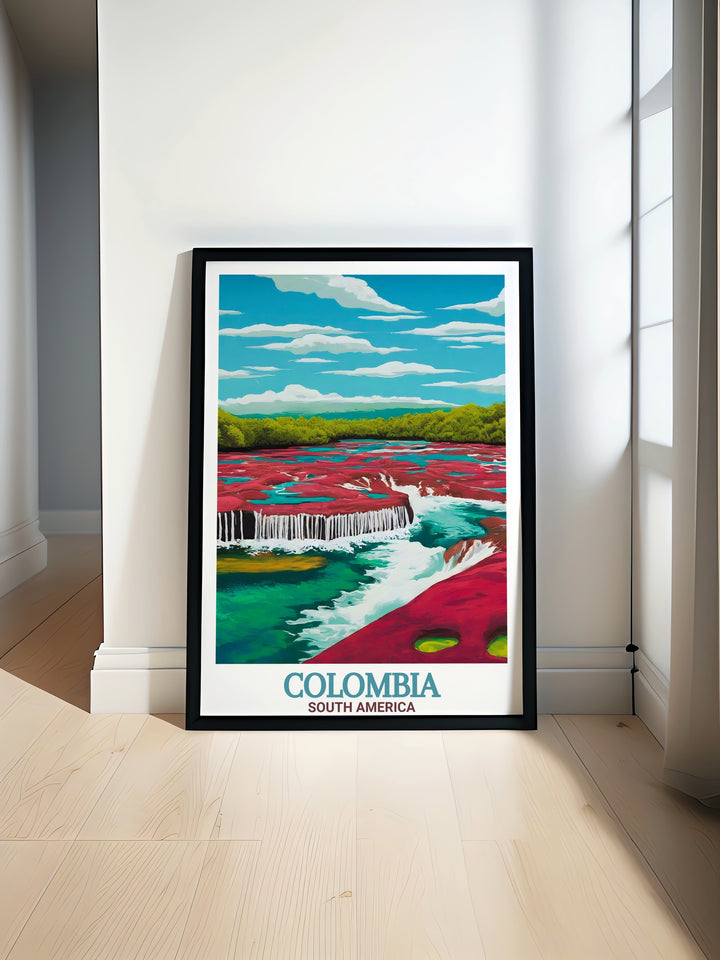 Colombia Poster Print captures the vibrant beauty of Caño Cristales and the charm of Cartagena in this stunning travel artwork. Perfect for anyone who loves Colombias natural wonders and historic cities, this travel print brings a colorful and cultural touch to any home.