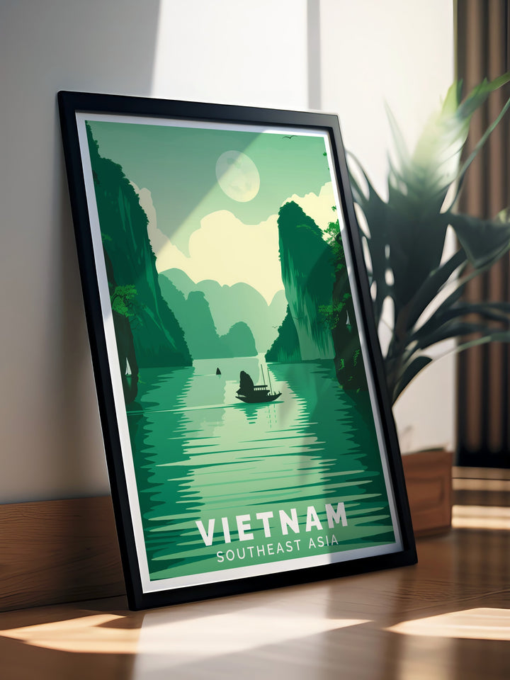 Ha Long Bay Wall Art featuring the famous limestone islands rising out of the waters. This piece is perfect for adding a peaceful, natural aesthetic to any room, with rich colors and stunning details that draw the eye.